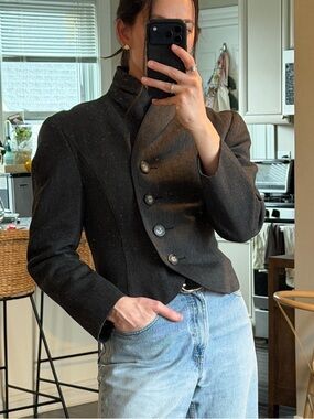 Vintage 100% Wool Sculptural Shawl Collar Cropped Blazer Charcoal Gray Size 4